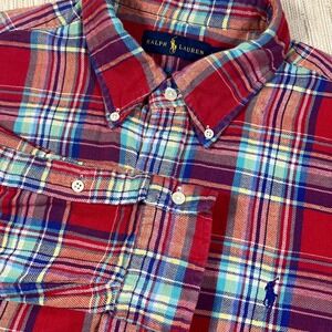 Ralph Lauren Men XL Double Faced Flannel Shirt Long Sleeve Red Blue Yellow Plaid